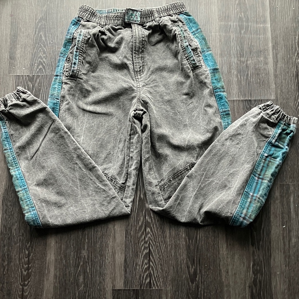 Vintage 80s 90s Gitano Teal Blue Plaid Flannel Side Panel Black Jogger Jeans